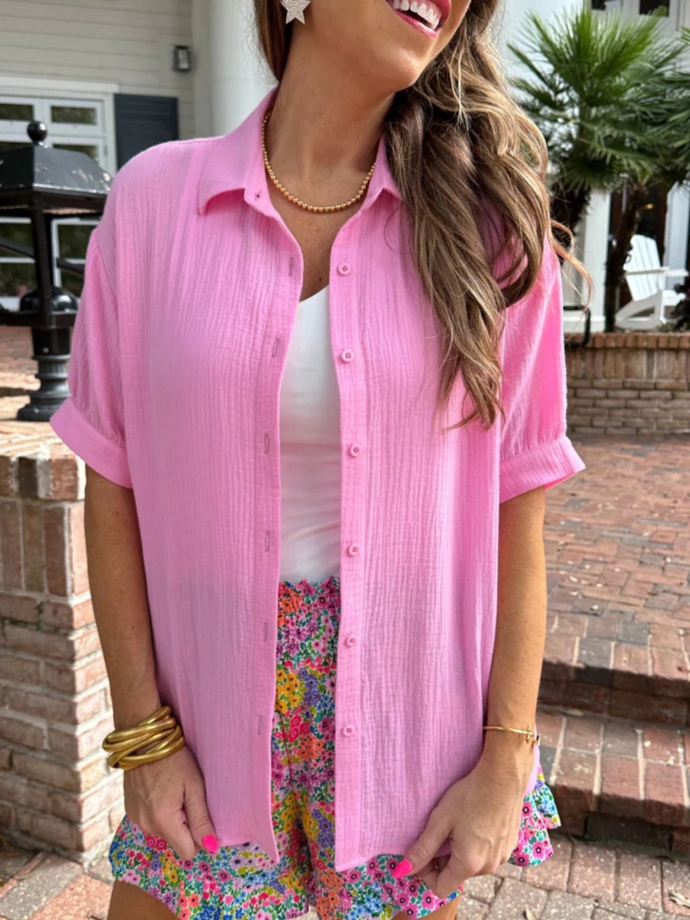 Medium Jess Lea Women's Pink Button-Front Short Sleeve Gauze Shirt - Relaxed Fit